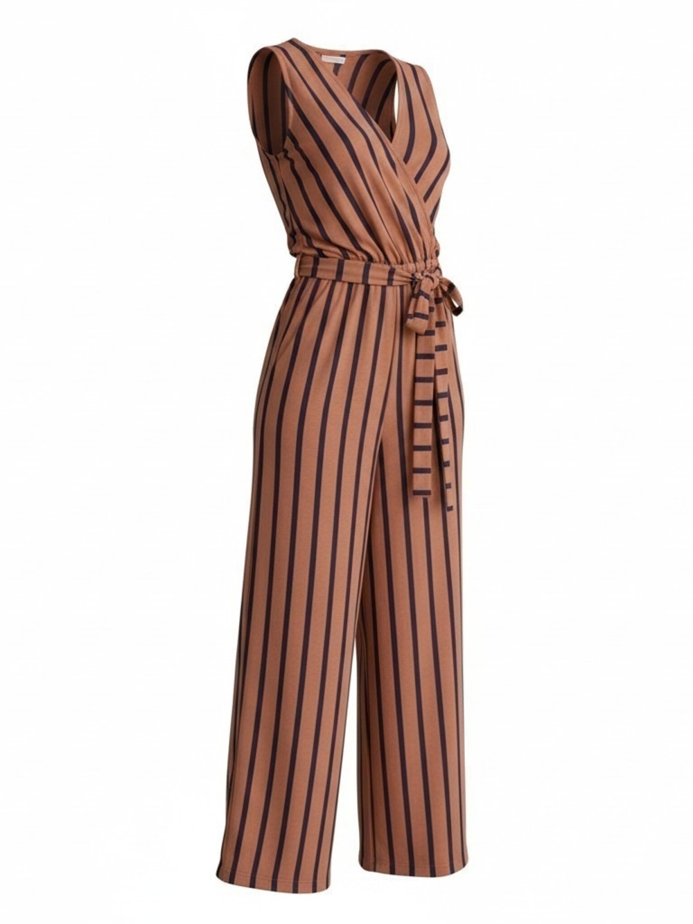 torrid Brown and Navy Vertical-Stripe Wrap Jumpsuit with Tie Waist